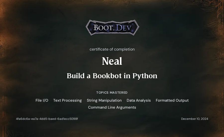 Neal's Boot.dev Build a BookBot in Python certificate