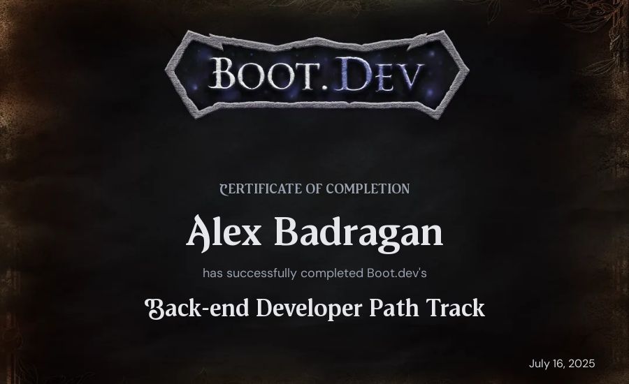 Alex Badragan's Boot.dev Back-end Developer Path certificate