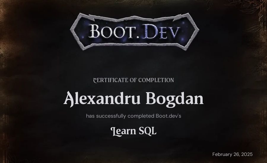 Alexandru Bogdan's Boot.dev Learn SQL certificate