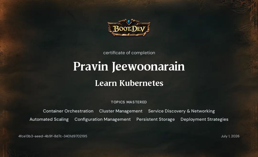 Pravin Jeewoonarain's Boot.dev Learn Kubernetes certificate