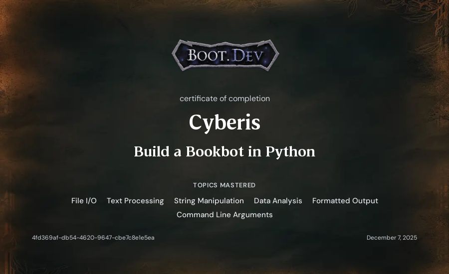 Cyberis's Boot.dev Build a BookBot in Python certificate