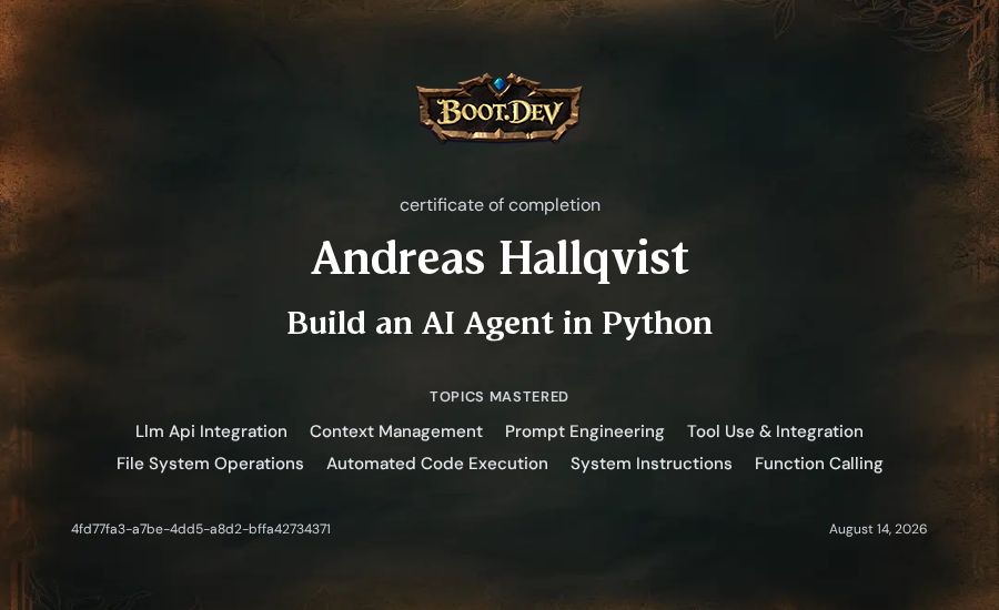 Andreas Hallqvist's Boot.dev Build an AI Agent in Python certificate
