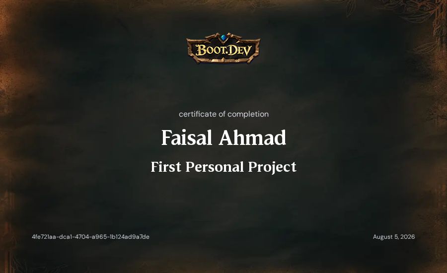 Faisal Ahmad's Boot.dev First Personal Project certificate