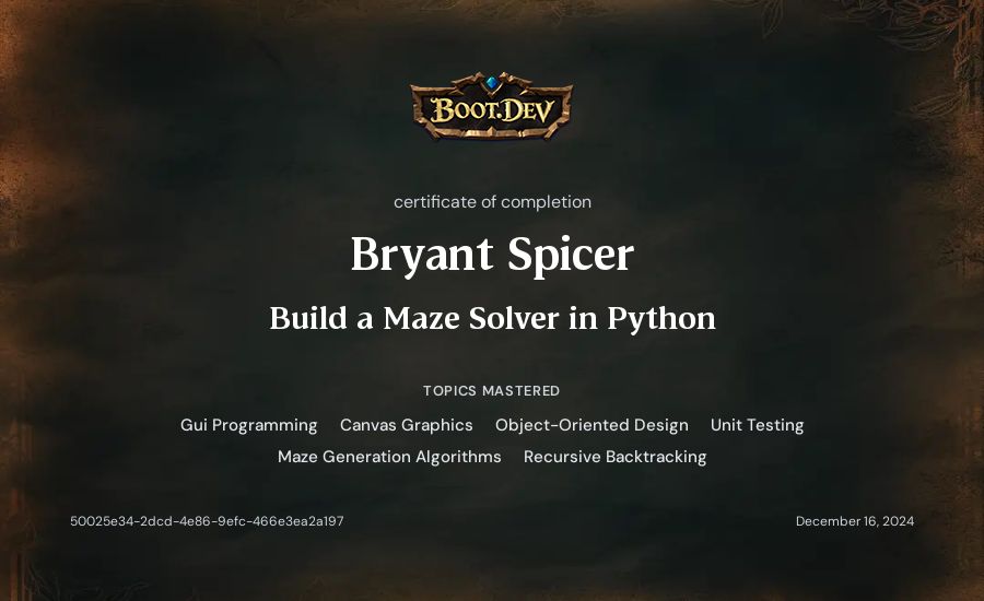 Bryant Spicer's Boot.dev Build a Maze Solver in Python certificate