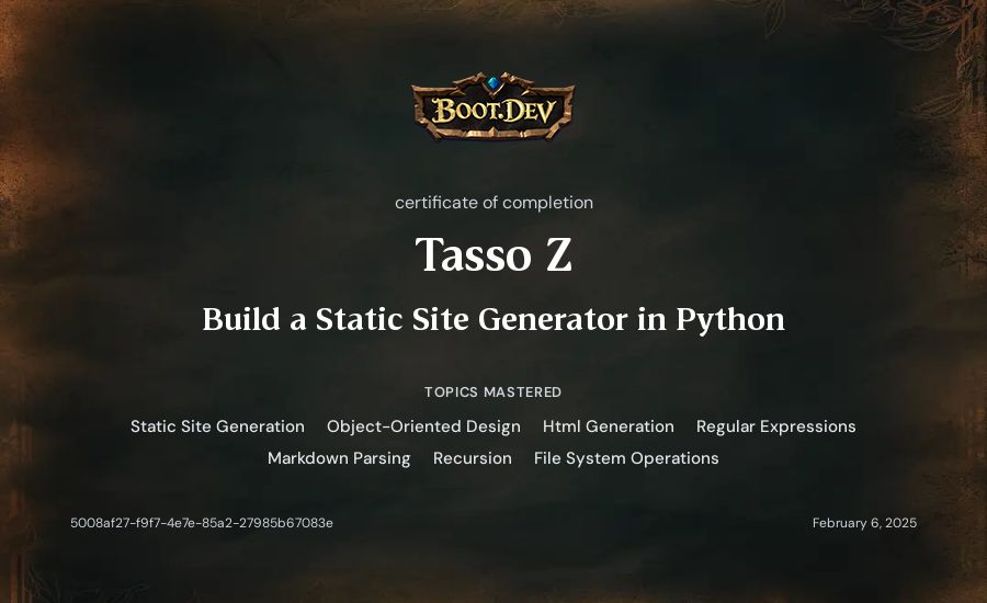 Tasso Z's Boot.dev Build a Static Site Generator in Python certificate