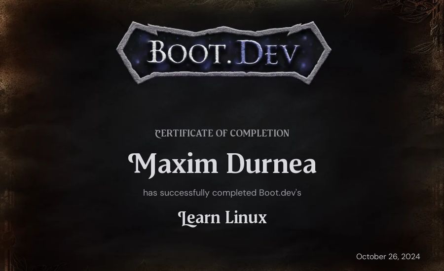 Maxim Durnea's Boot.dev Learn Linux certificate