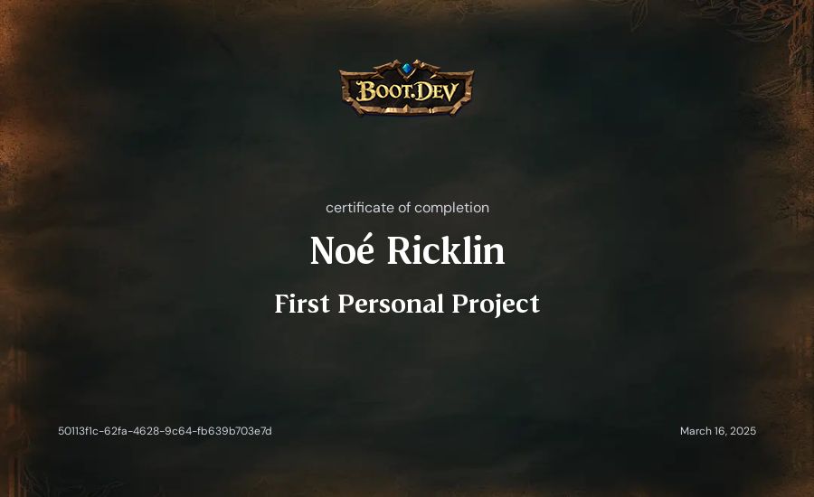 Noé Ricklin's Boot.dev First Personal Project certificate