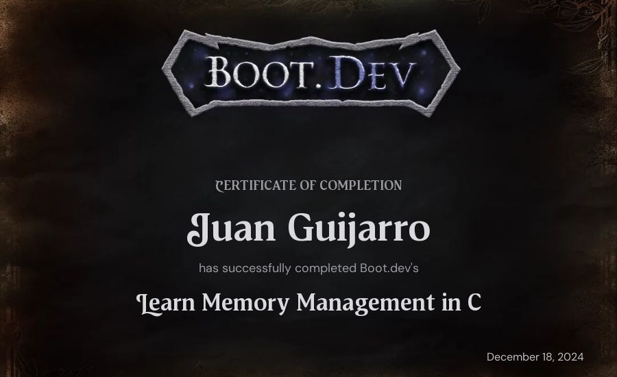 Juan Guijarro's Boot.dev Learn Memory Management in C certificate