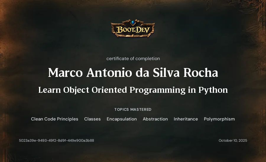 Marco Antonio da Silva Rocha's Boot.dev Learn Object Oriented Programming in Python certificate