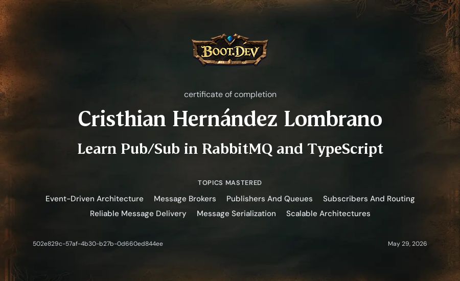 Cristhian Hernández Lombrano's Boot.dev Learn Pub/Sub in RabbitMQ and TypeScript certificate