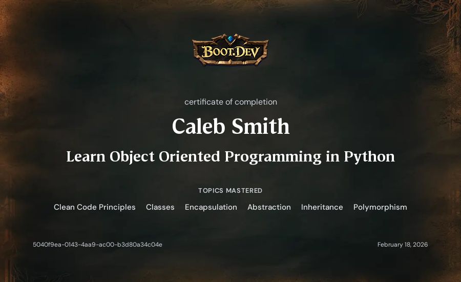 Caleb Smith's Boot.dev Learn Object Oriented Programming in Python certificate