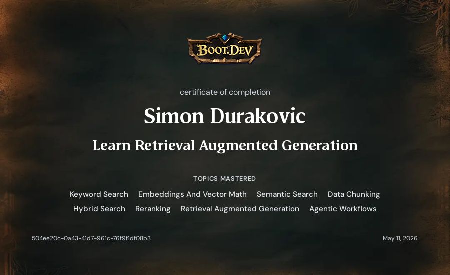 Simon's Boot.dev Learn Retrieval Augmented Generation certificate