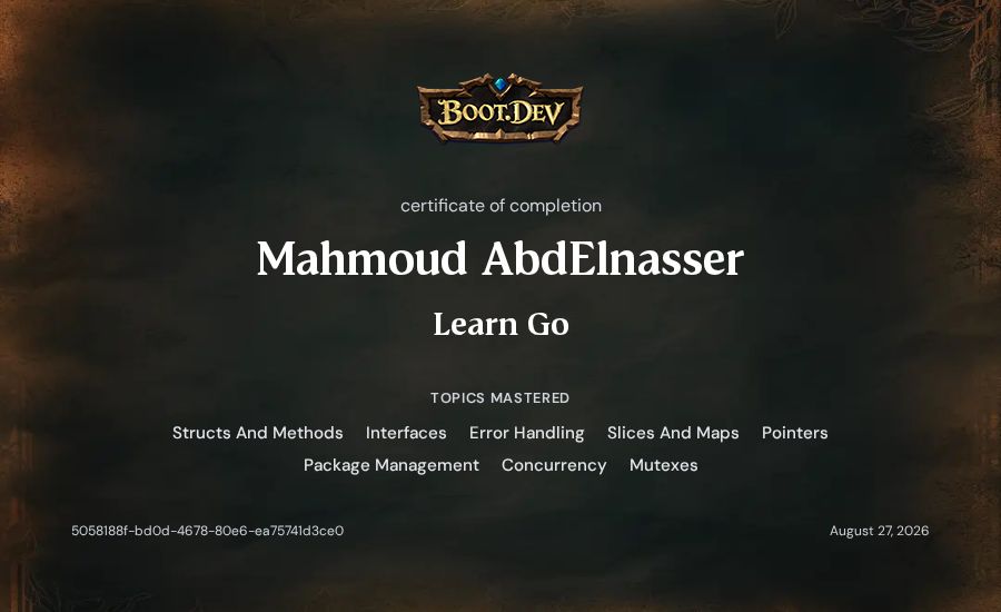 Mahmoud AbdElnasser's Boot.dev Learn Go certificate