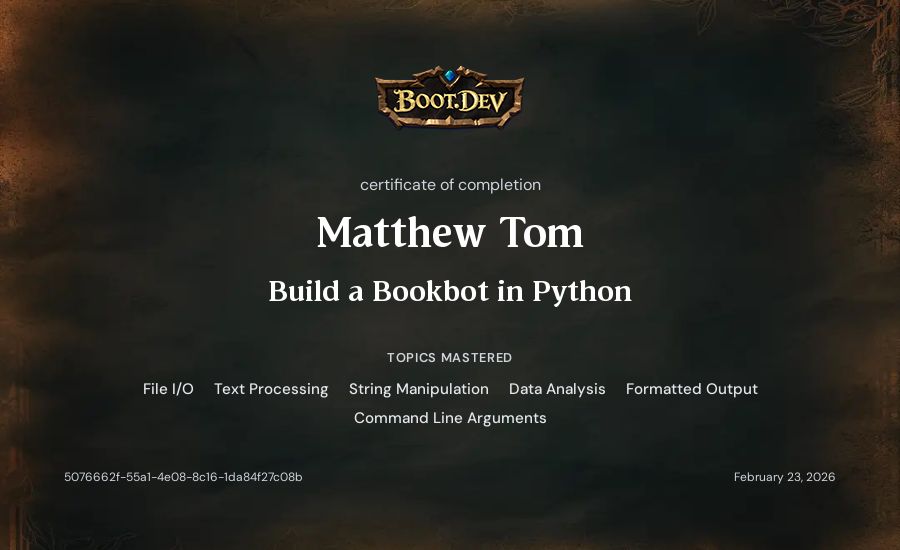Matthew Tom's Boot.dev Build a BookBot in Python certificate