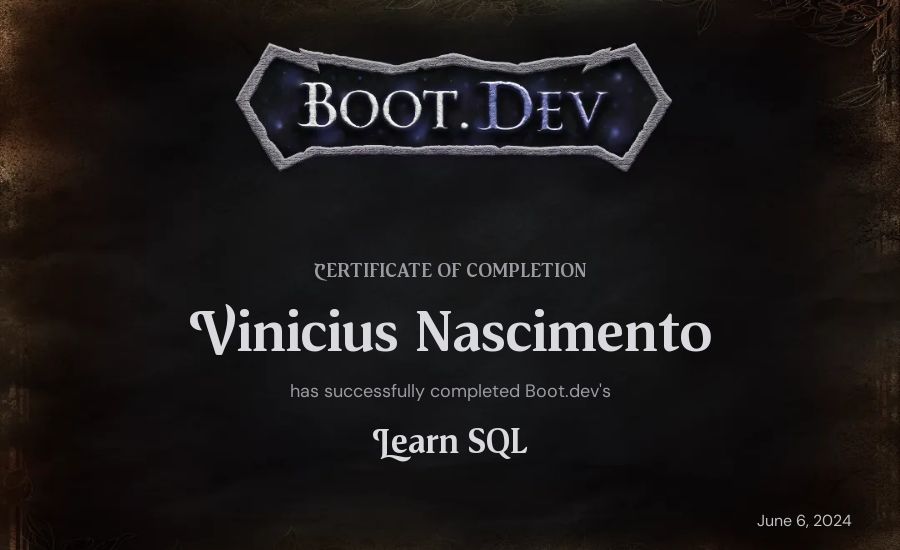 Vinicius Nascimento's Boot.dev Learn SQL certificate