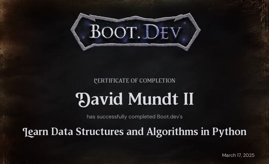 David's Boot.dev Learn Data Structures and Algorithms in Python certificate