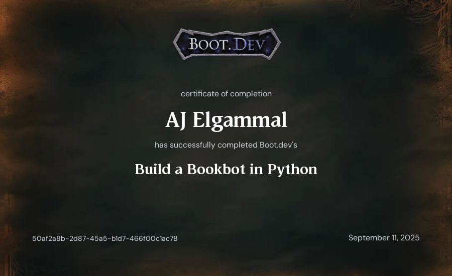 AJ Elgammal's Boot.dev Build a BookBot in Python certificate