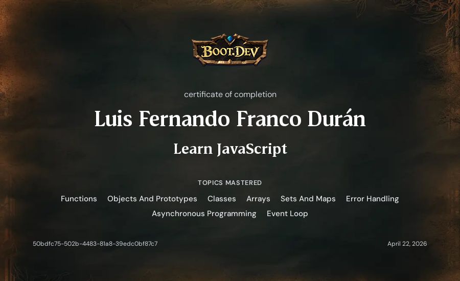 Fernando Franco's Boot.dev Learn JavaScript certificate