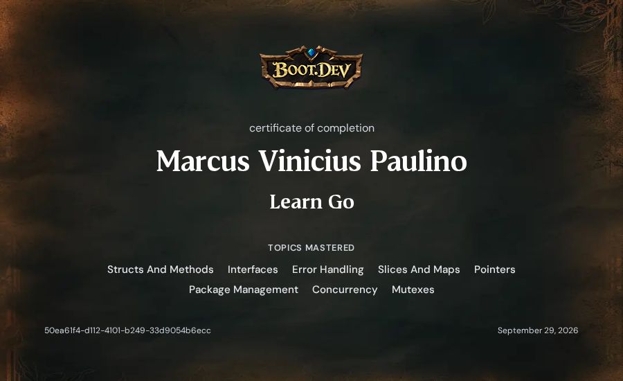 Marcus Vinicius Paulino's Boot.dev Learn Go certificate