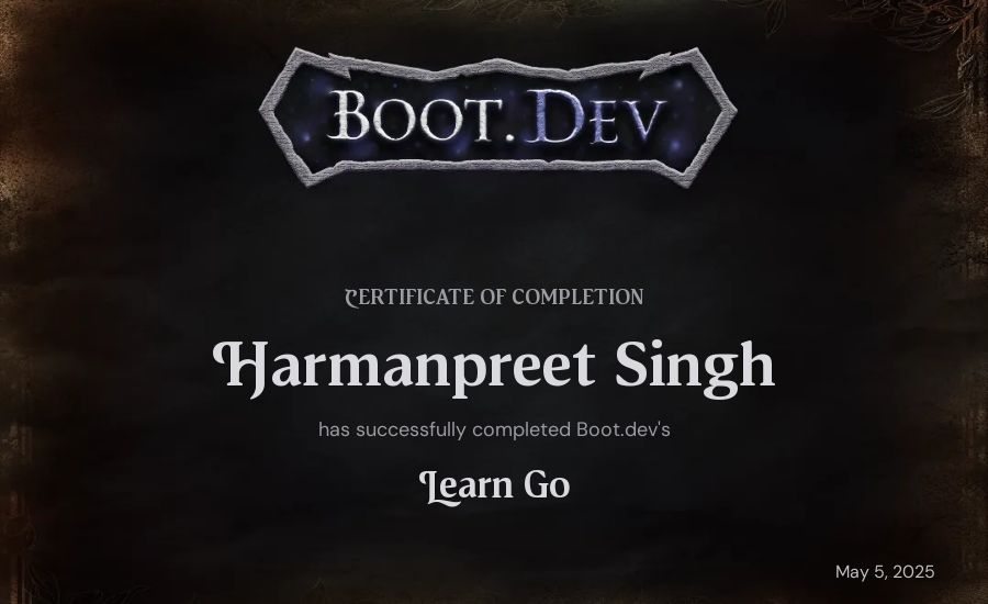 Harmanpreet Singh's Boot.dev Learn Go certificate