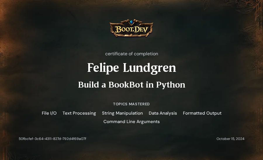 Felipe Lundgren's Boot.dev Build a BookBot in Python certificate