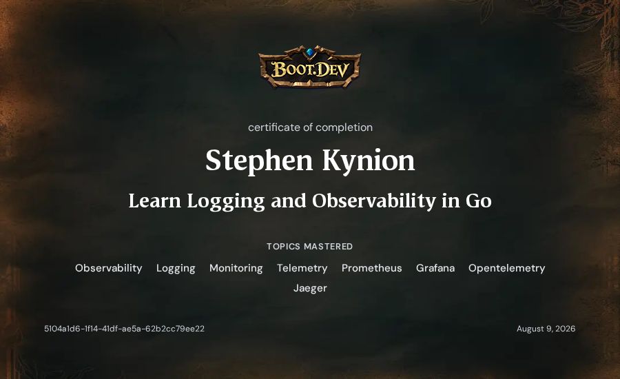 Stephen Kynion's Boot.dev Learn Logging and Observability in Go certificate
