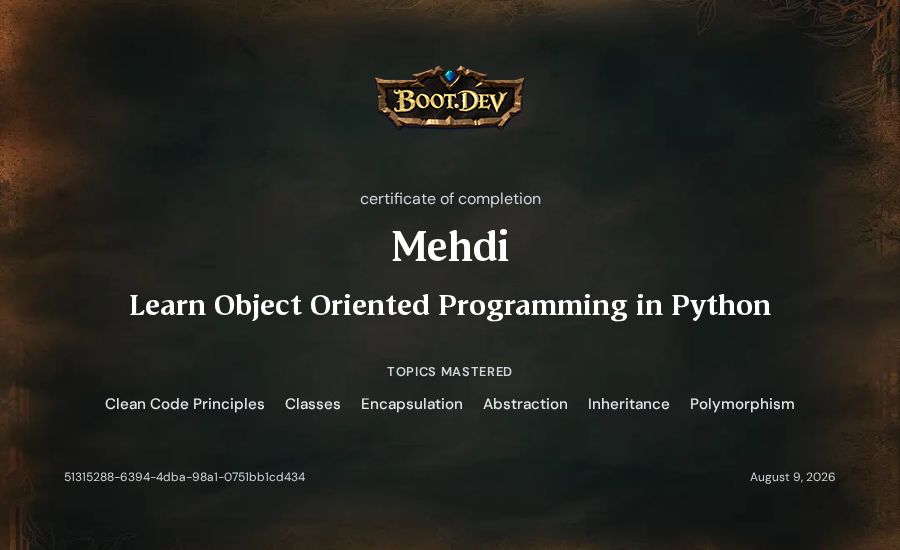 Mehdi Sadeghian's Boot.dev Learn Object Oriented Programming in Python certificate