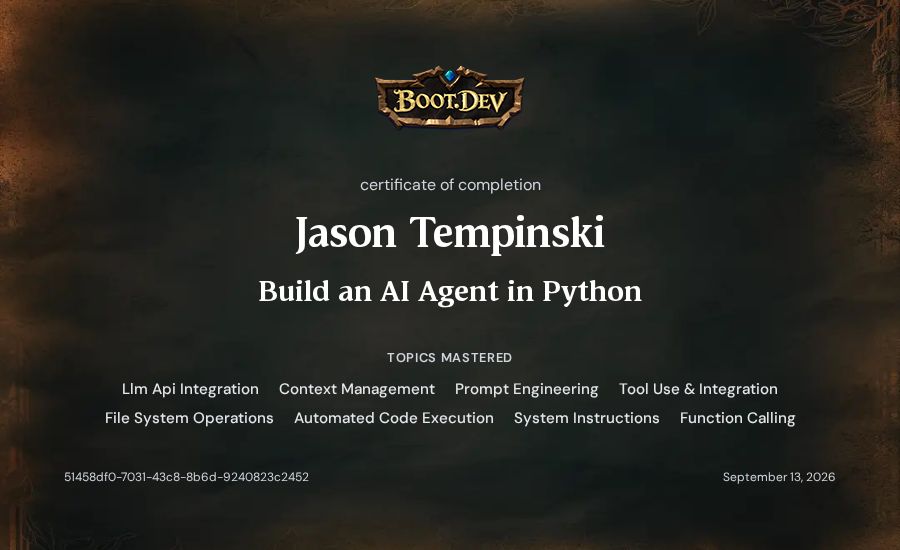 Jason Tempinski's Boot.dev Build an AI Agent in Python certificate