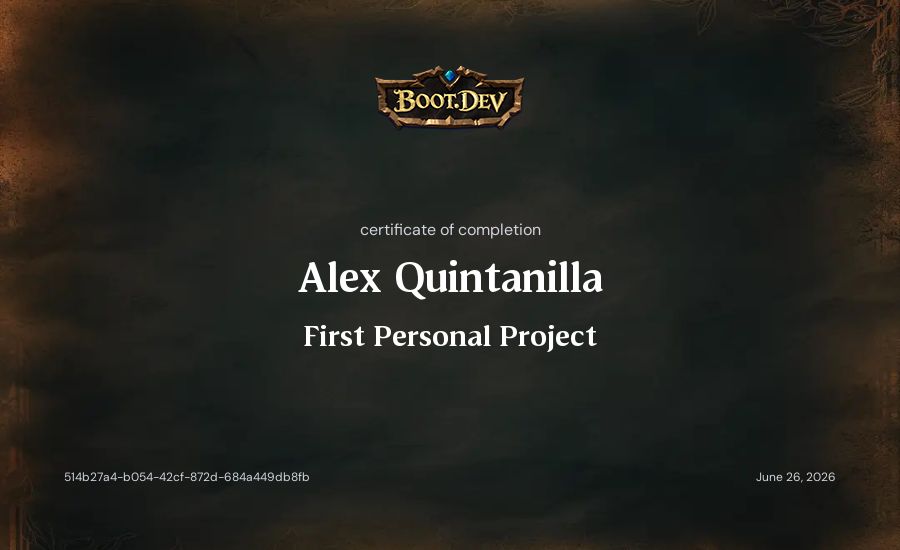 Alex Quintanilla's Boot.dev First Personal Project certificate