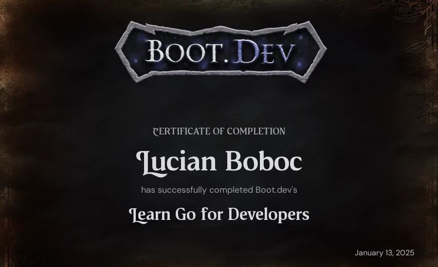 Lucian Boboc's Boot.dev Learn Go certificate