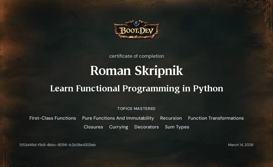 Roman Skripnik's Boot.dev Learn Functional Programming in Python certificate