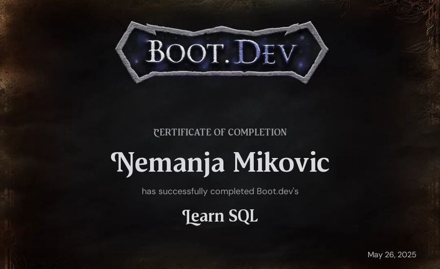 Nemanja Mikovic's Boot.dev Learn SQL certificate