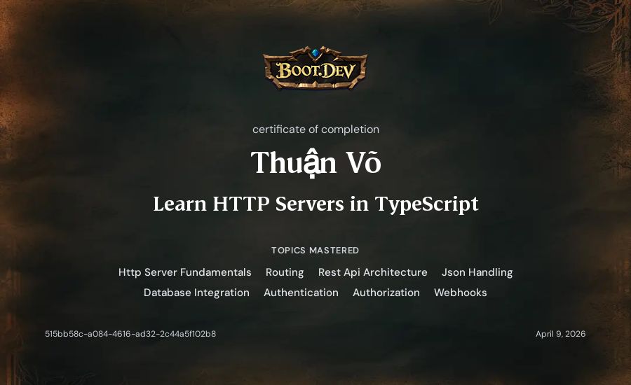 Thuận Võ's Boot.dev Learn HTTP Servers in TypeScript certificate