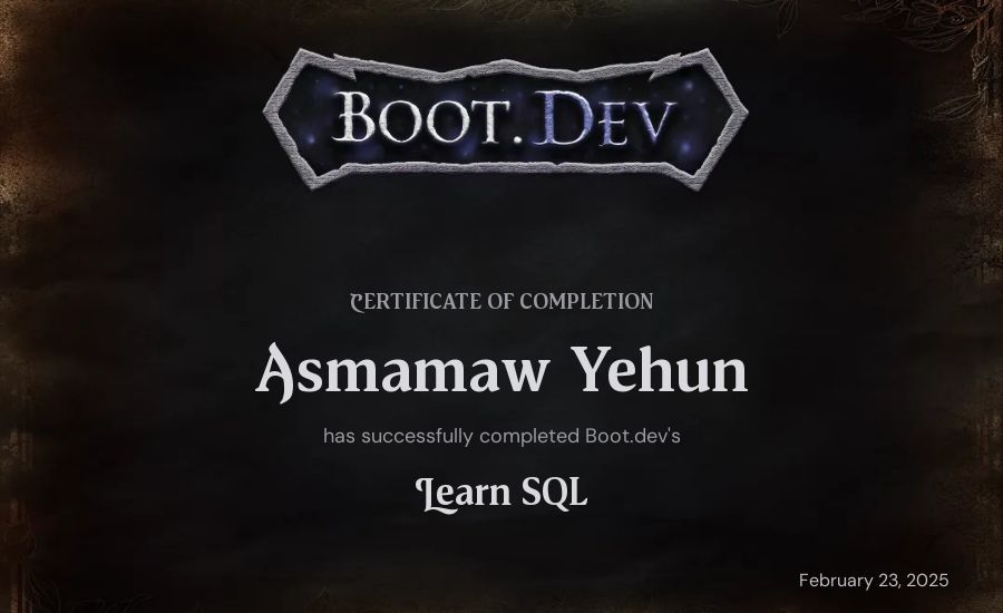 Asmamaw Yehun's Boot.dev Learn SQL certificate