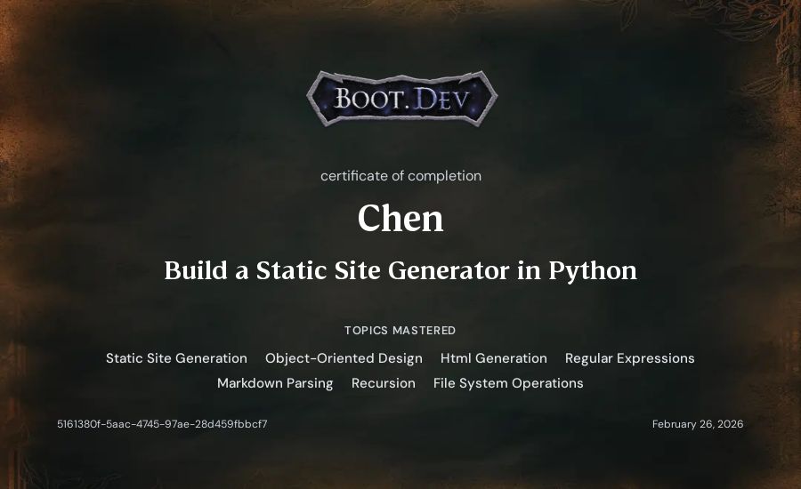 Chen's Boot.dev Build a Static Site Generator in Python certificate