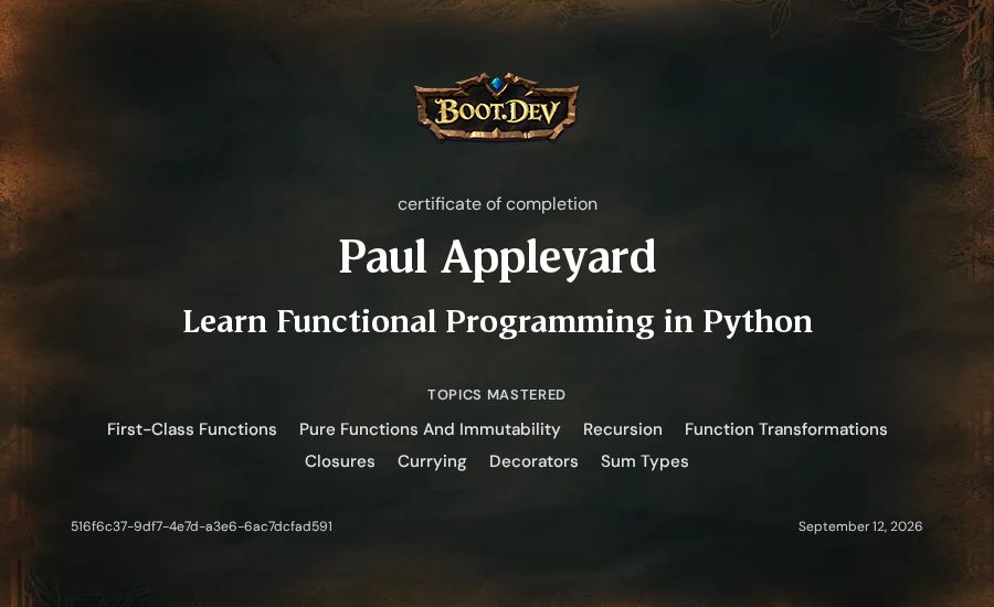 Paul Appleyard's Boot.dev Learn Functional Programming in Python certificate