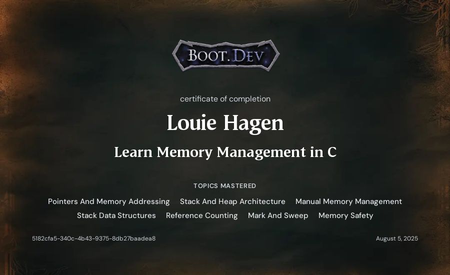 Louie Hagen's Boot.dev Learn Memory Management in C certificate
