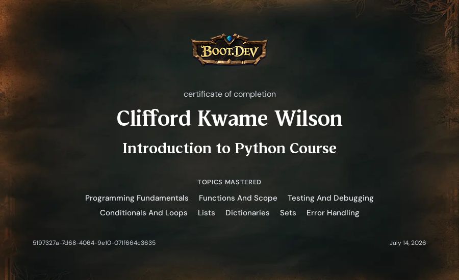 Clifford Kwame Wilson's Boot.dev Introduction to Python Course certificate