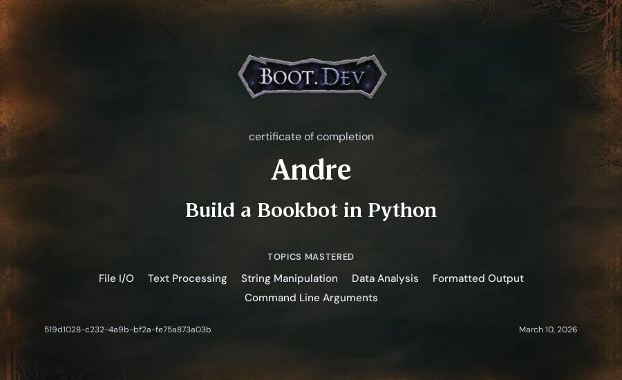 Andre's Boot.dev Build a BookBot in Python certificate