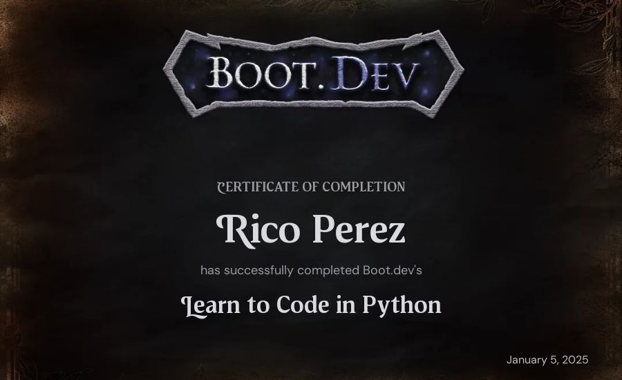 Celeste Perez's Boot.dev Introduction to Python Course certificate
