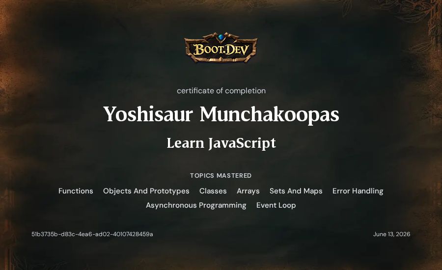 Yoshisaur Munchakoopas's Boot.dev Learn JavaScript certificate