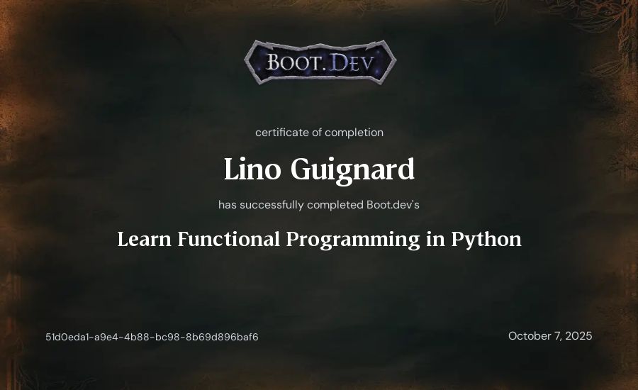 Lino Guignard's Boot.dev Learn Functional Programming in Python certificate