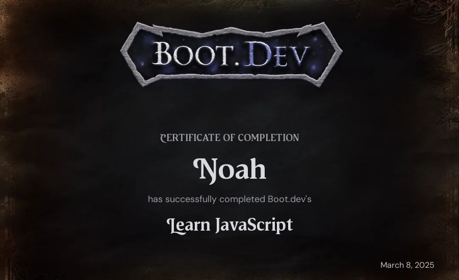 Noah's Boot.dev Learn JavaScript certificate