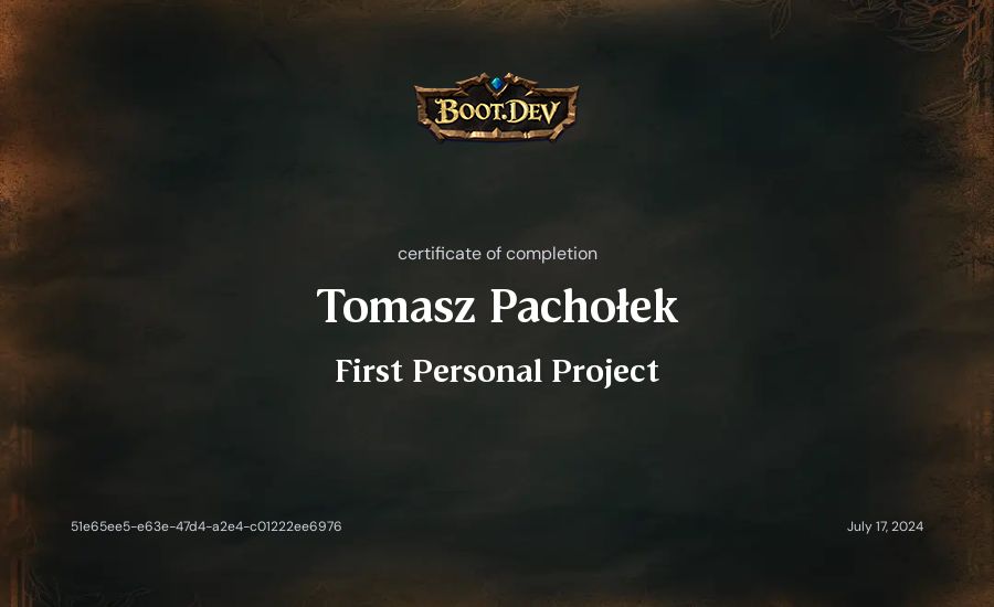 Tomasz Pachołek's Boot.dev First Personal Project certificate