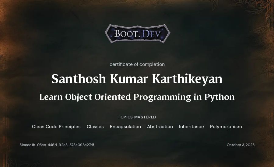 Santhosh Kumar Karthikeyan's Boot.dev Learn Object Oriented Programming in Python certificate