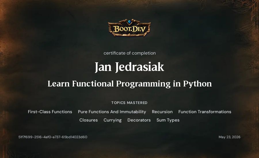 Jan Jedrasiak's Boot.dev Learn Functional Programming in Python certificate