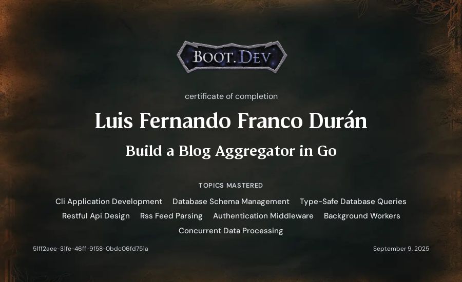 Fernando Franco's Boot.dev Build a Blog Aggregator in Go certificate