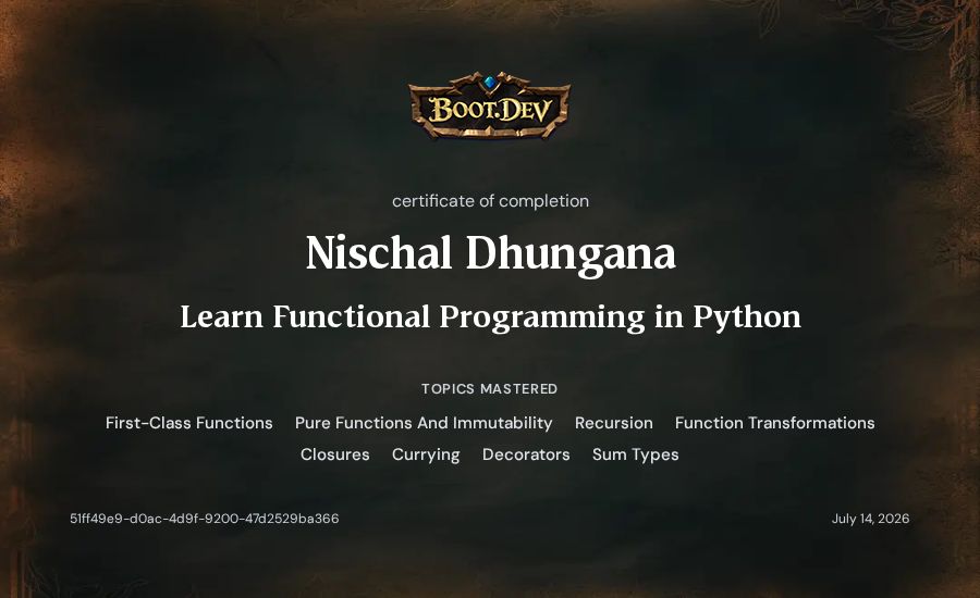Nischal Dhungana's Boot.dev Learn Functional Programming in Python certificate