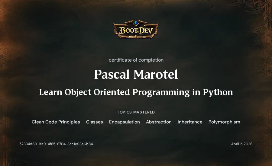 Pascal Marotel's Boot.dev Learn Object Oriented Programming in Python certificate