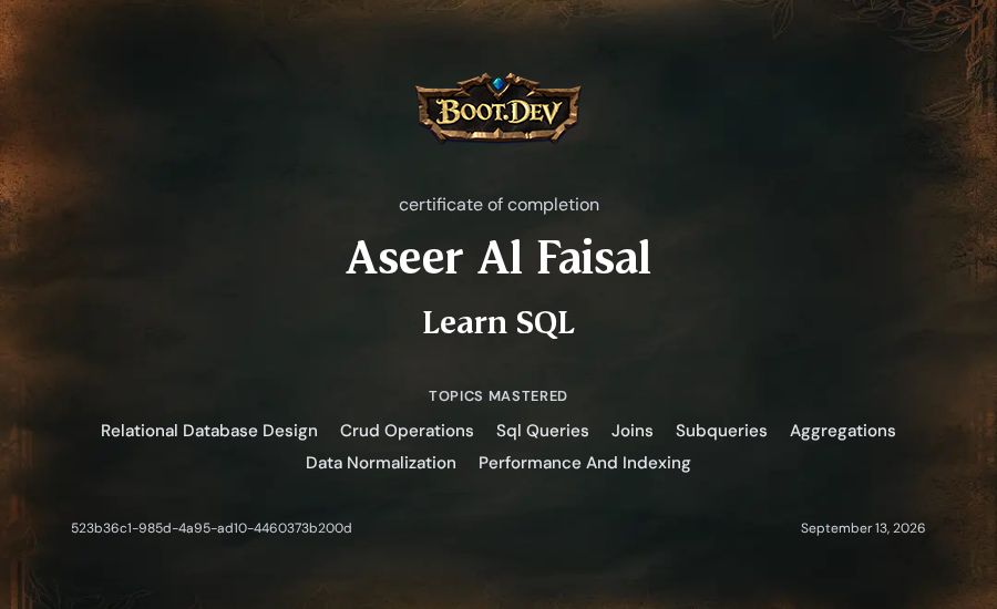 Aseer Al Faisal's Boot.dev Learn SQL certificate